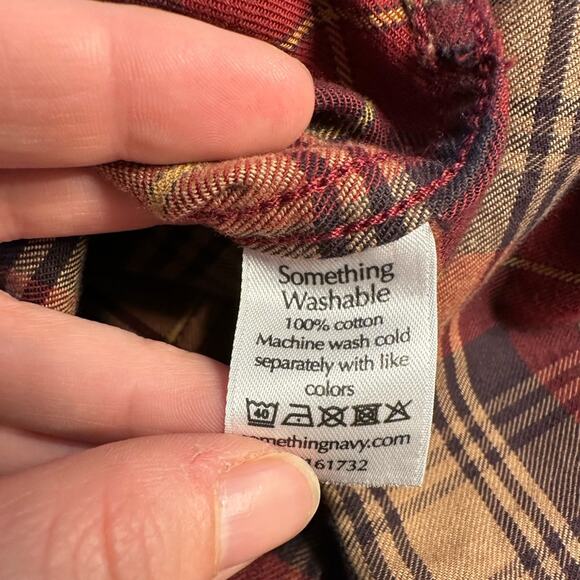 Something Navy Ruffle Flannel Shoulder Button Down Cotton Blouse Size Small EUC - Picture 6 of 7